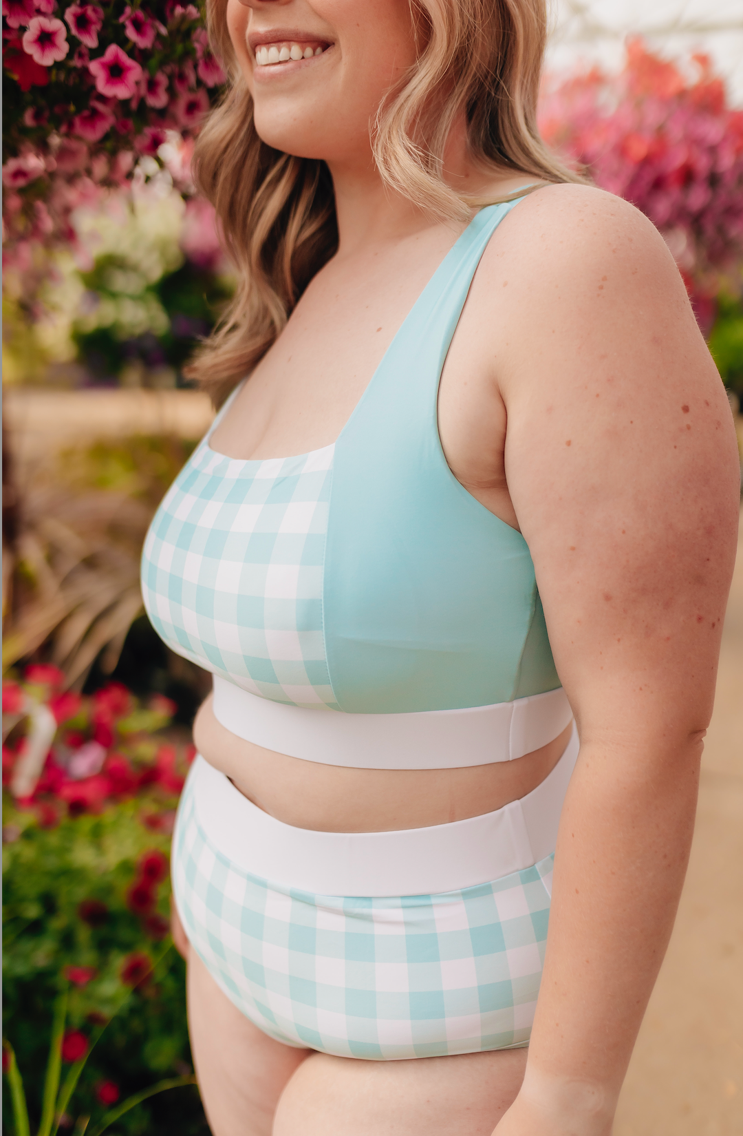 Modest swimwear top with full coverage, supportive top - side view