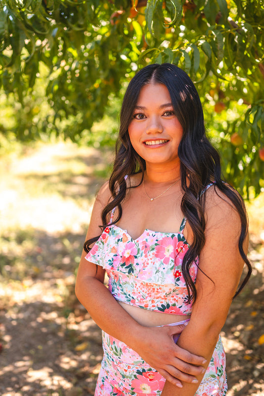 Modest swimwear top with full coverage, supportive top - front view