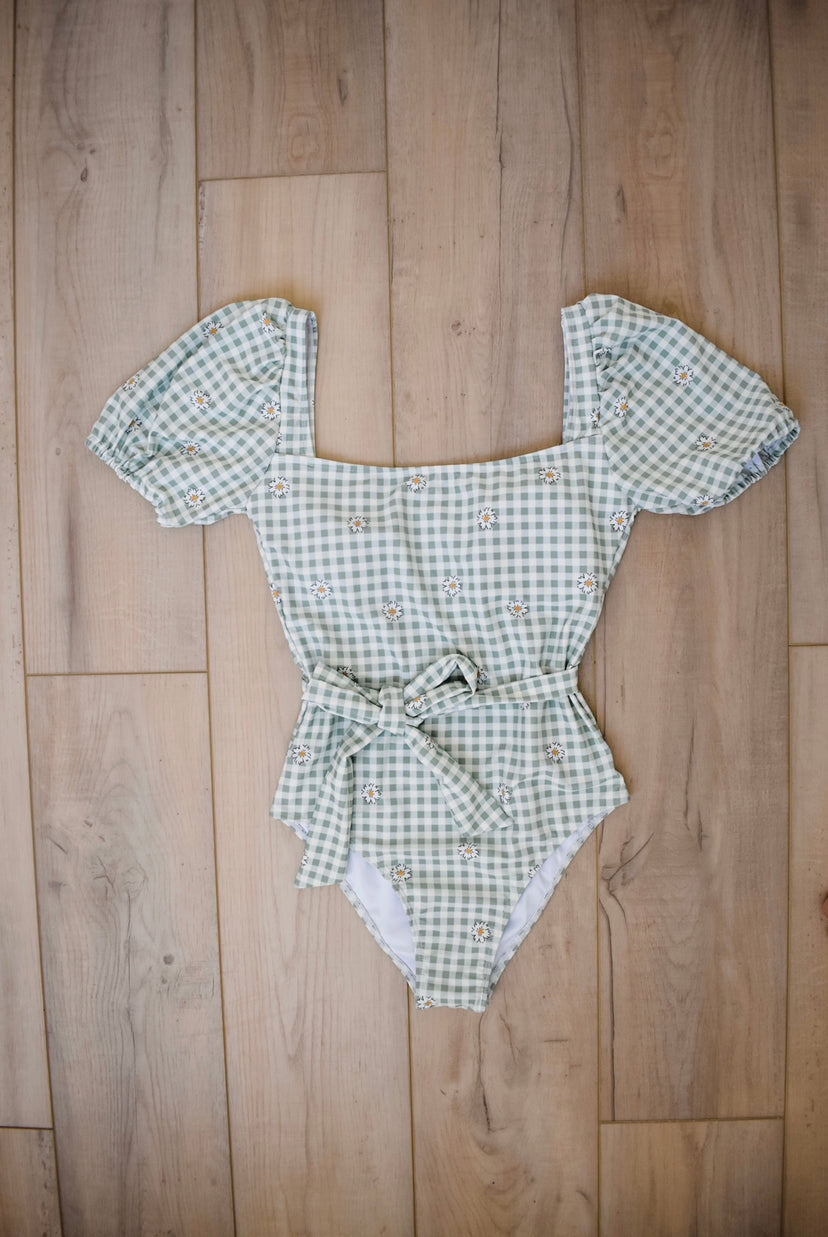 Modest one-piece swimsuit with full coverage, stylish design - green gingham print with flowers